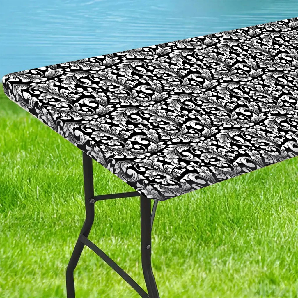 1pc Rectangular Tablecloth, Black Pattern Elastic Fit Tablecloth, Folding Table, Washable Tablecloth Graduation Party Decors