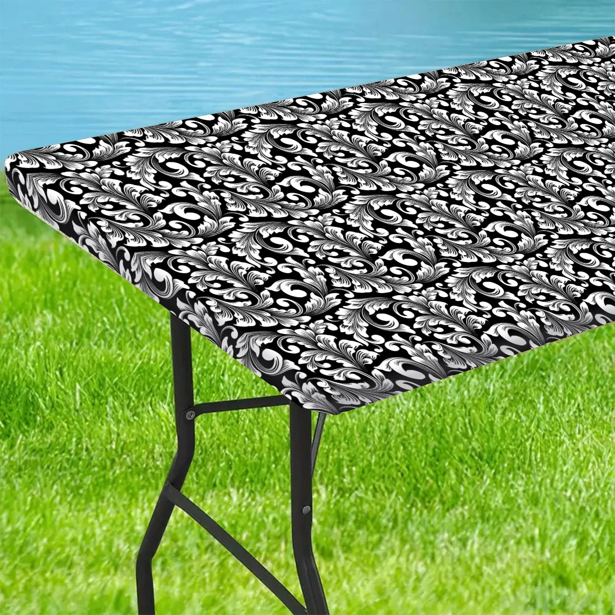 1pc Rectangular Tablecloth, Black Pattern Elastic Fit Tablecloth, Folding Table, Washable Tablecloth Graduation Party Decors