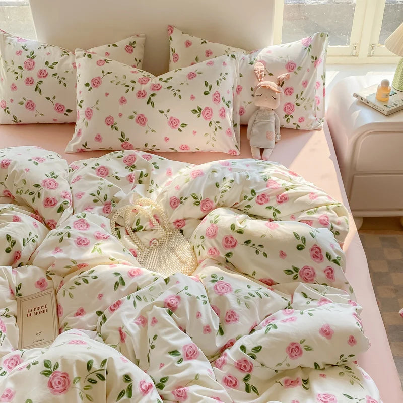 3-piece plant-flower printed bed cover (1* bed cover +2* pillowcase, no filling) Soft, comfortable and breathable bedding