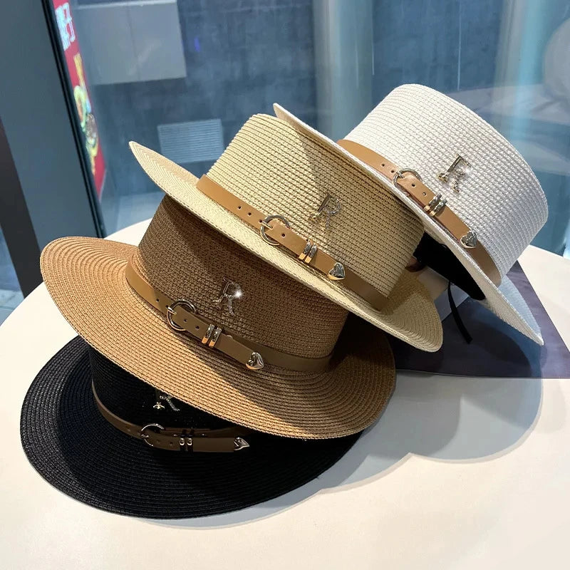 2024 New Metal R Letter Buckle Straw Hat Leisure Summer Sunscreen Hat Women's Fashionable Beach Hat Vintage Hat Church Hats