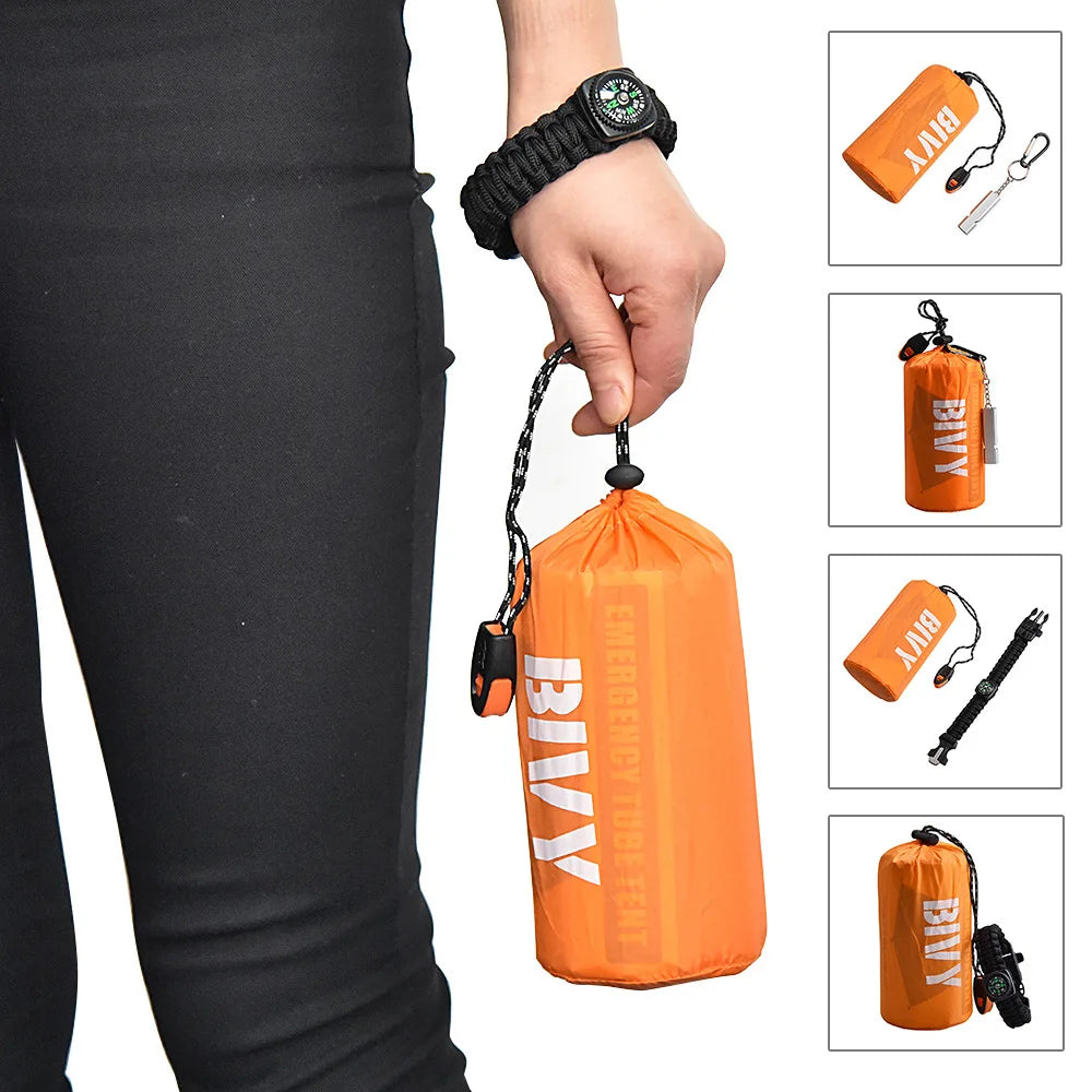 2 Person Emergency Shelter Survival Bivy Tube Tent Kit Thermal Blanket SOS Sleeping Bag Waterproof Survival Equipment