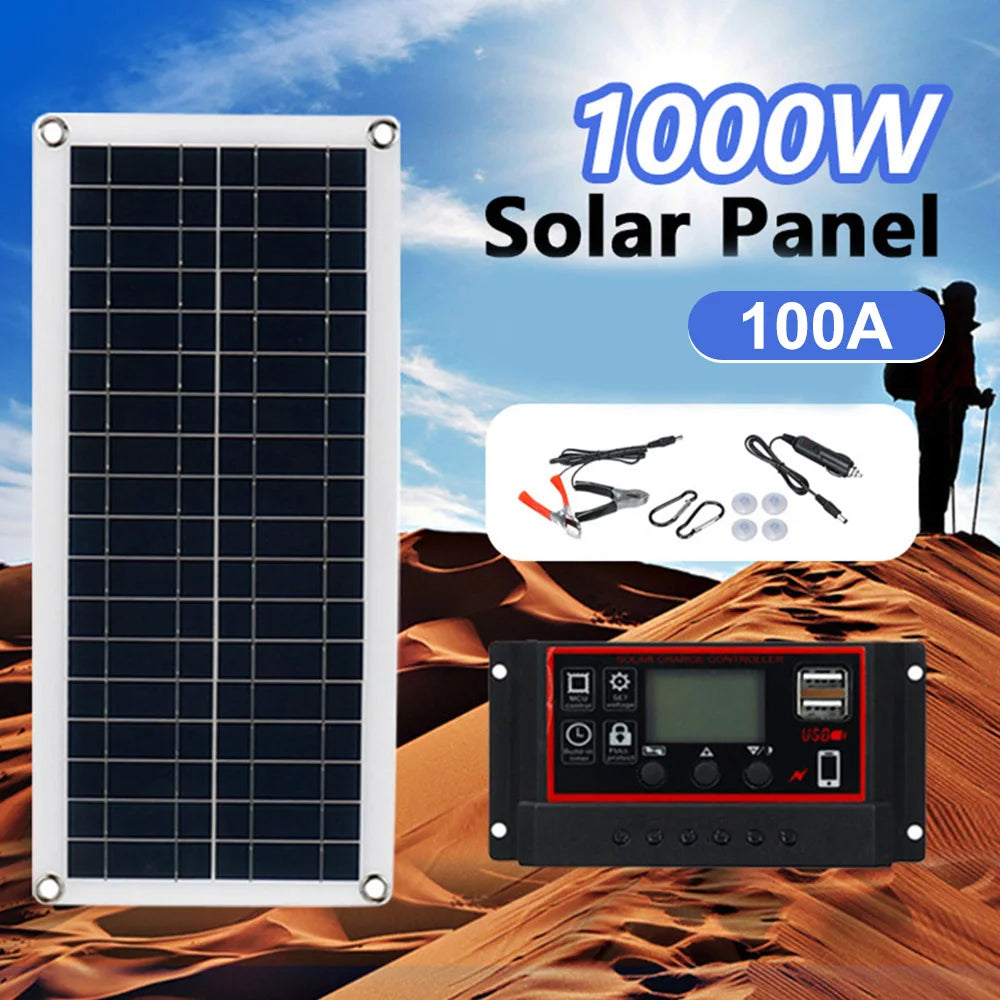 1000W 12V Solar Battery Charger & Maintainer Portable 12 Volt Solar Panel Charging Kit for Car Automotive Boat RV Marine Inveter