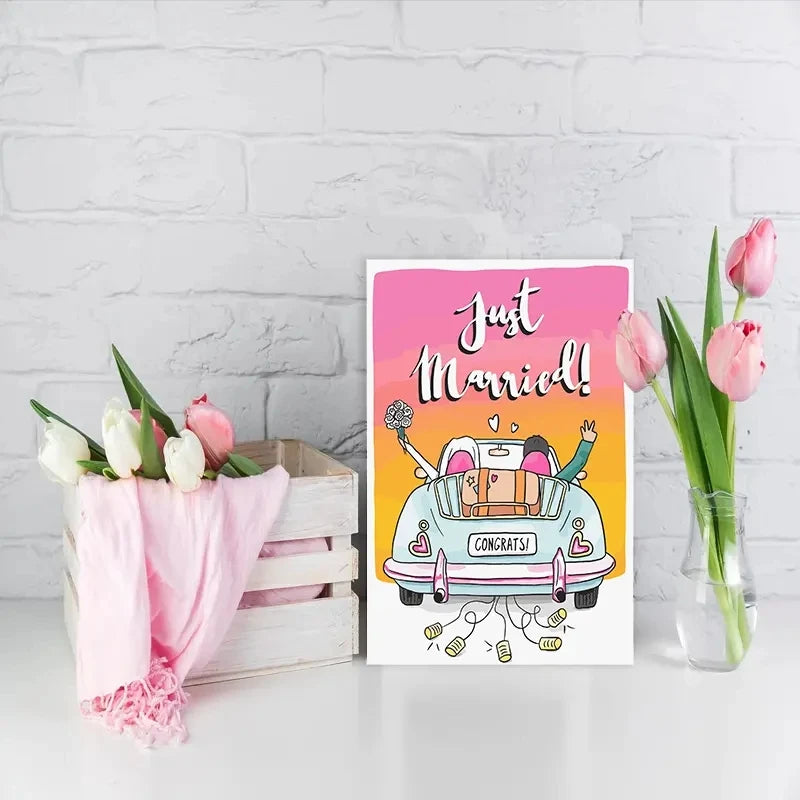 1pc, Wedding cards, just merried, bride and groom, car, love, wedding invitations to friends and relatives.