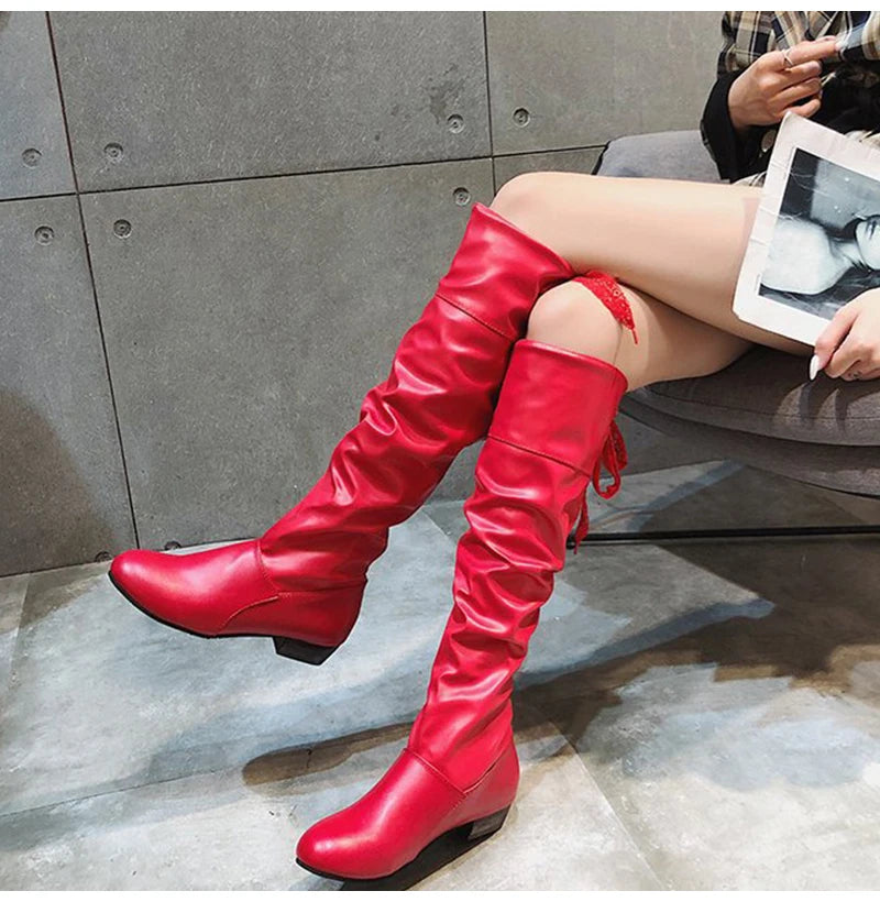 2023Shoes For Women  Knee High Boots Red Black White Tall Boots Woman Pleated Low Heel Casual Leather Female Long Shoes