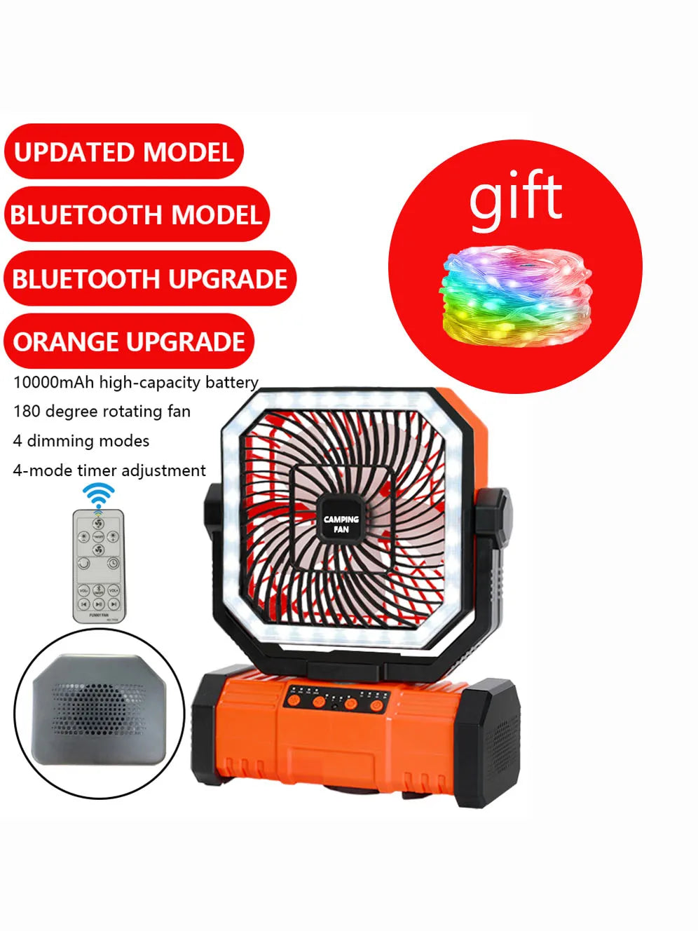 20000mAh Battery Operated Fan Portable Rechargeable Desk/Camping Fan With LED Light and Hook Outdoor Fan for Tent Car Trip