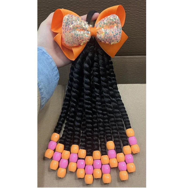 2PCS  Hair 2024 New Little Girls Braided Ponytails with Beads Kids Girls Hair Bow Glitter Shinny Shining with Big Balls Bubbles
