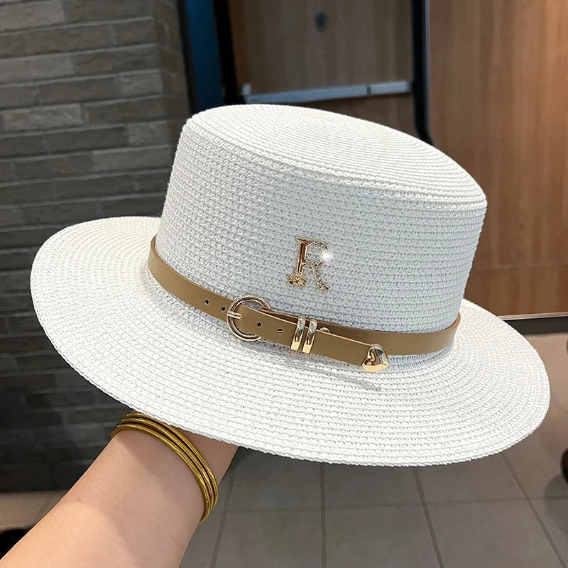 2024 New Metal R Letter Buckle Straw Hat Leisure Summer Sunscreen Hat Women's Fashionable Beach Hat Vintage Hat Church Hats