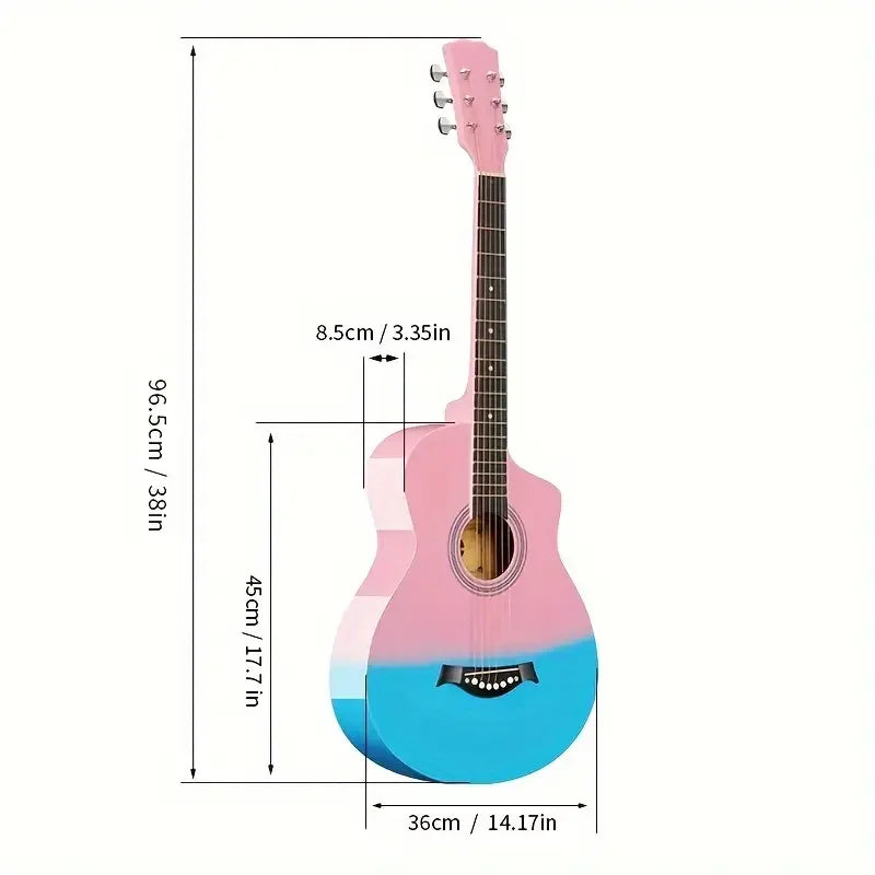 38inch Two-Color Wooden Guitar - Suitable for Beginners, Complete Accessories: Bag, Pick, Bridge Clip, Shoulder Strap, Strings, Cloth - Available in White, Pink, Blue, Black