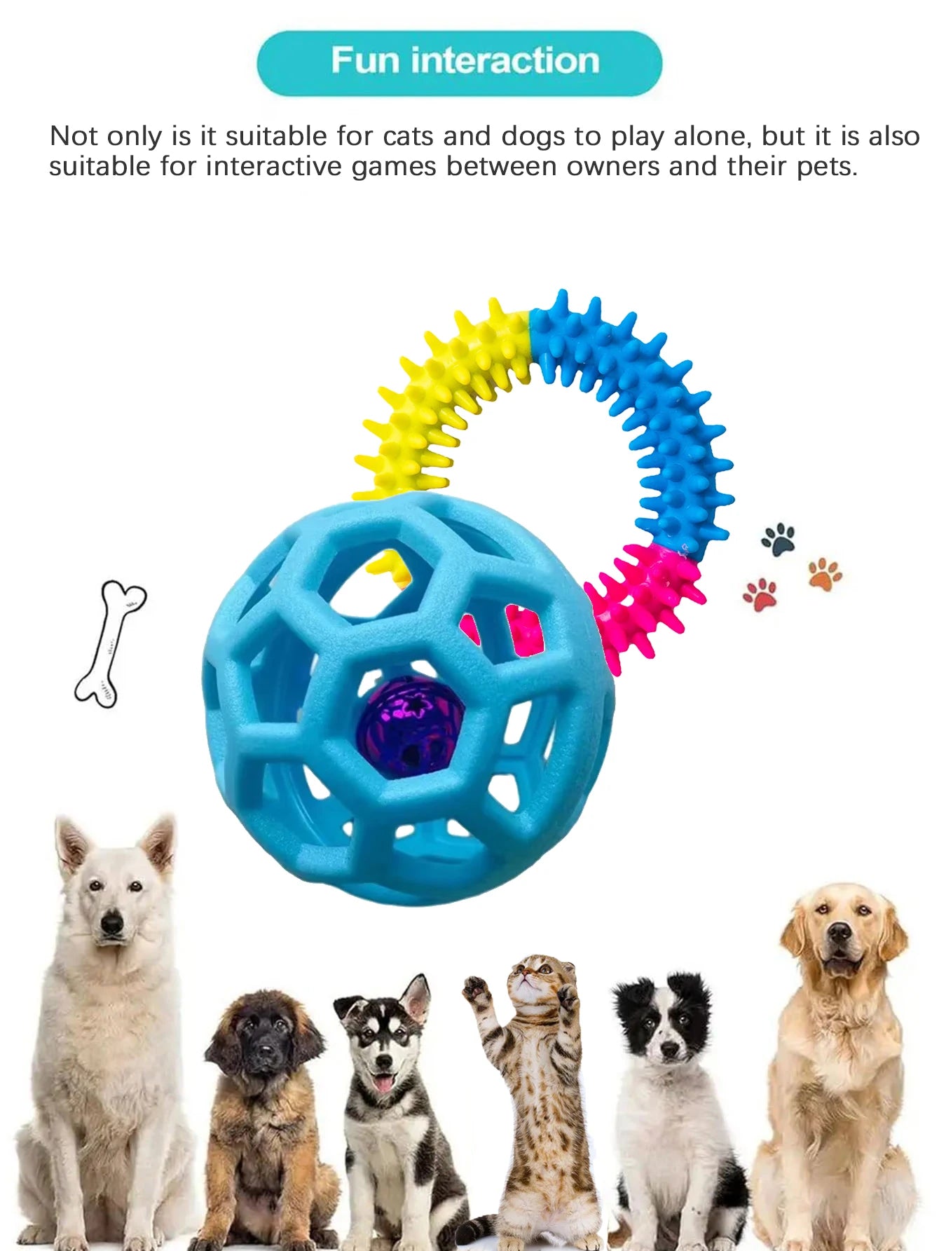 2 Pet Dog Toys: Bite-Resistant Bell Ball & Tri-Color Molar Ring, Soft Rubber for Teeth Grinding & Chewing