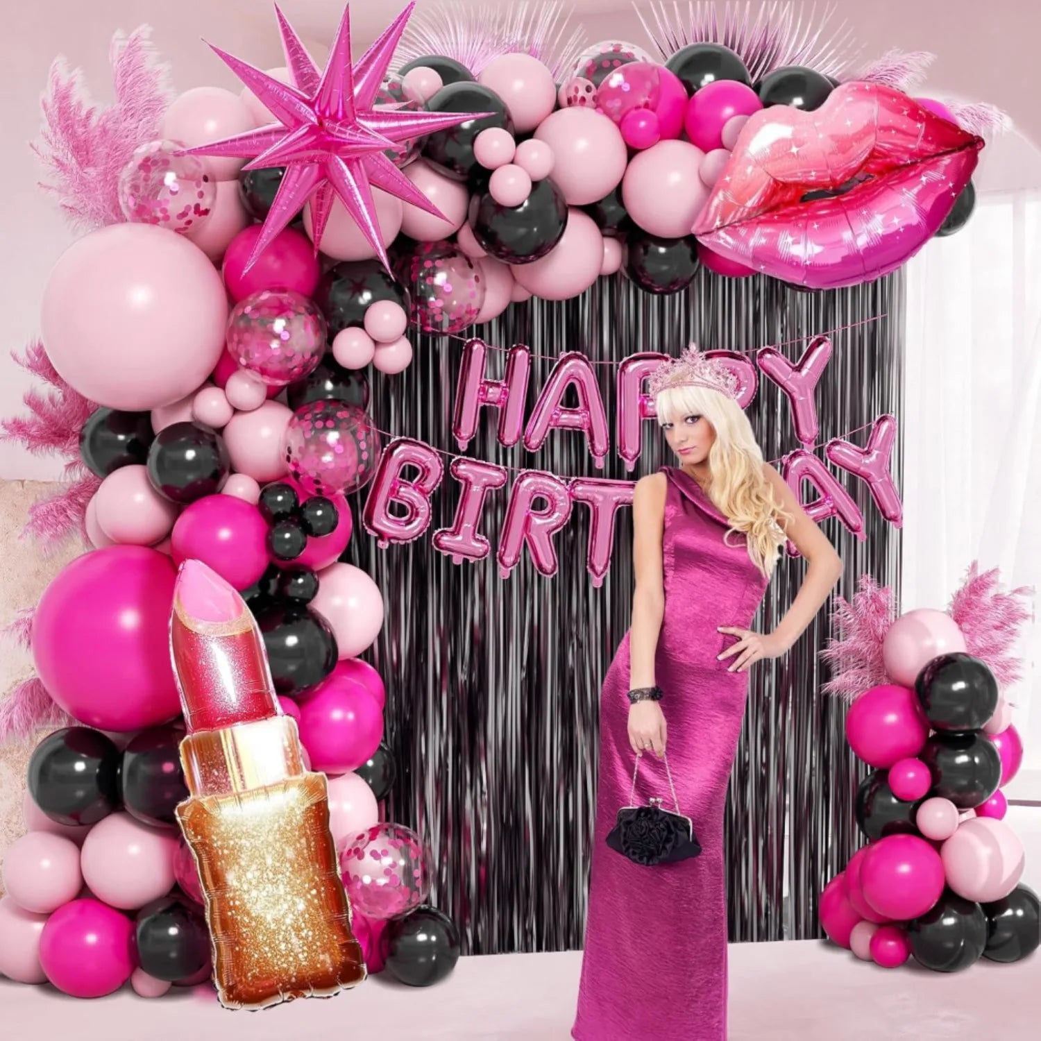 136pcs Valentine's Day Pink and Black Theme Birthday Balloon Set, Suitable for Birthday, Valentine's Day, Engagement Decoration