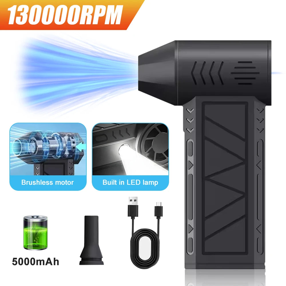130000 RPM Electric Air Blower Turbo Jet Fan Brushless Motor High-Speed Violent Fan 52m/s Overheat Protection 4000mAh Battery