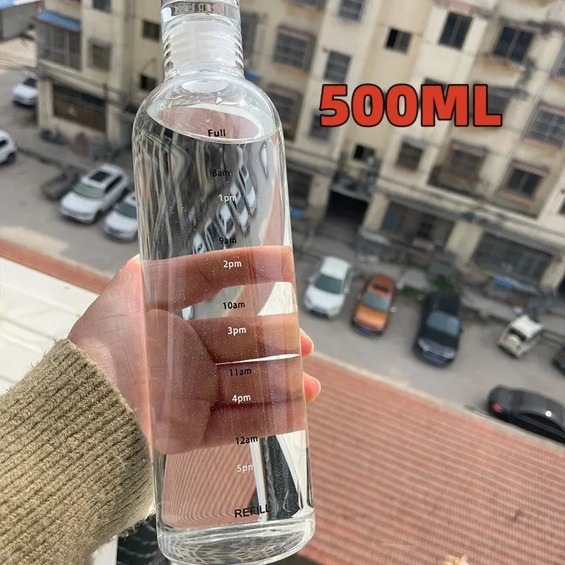 300-1000ml Glass Water Bottle Large Capacity with Time Marker Cover for Water Drink Outdoor PortableTransparent Milk Juice Cup