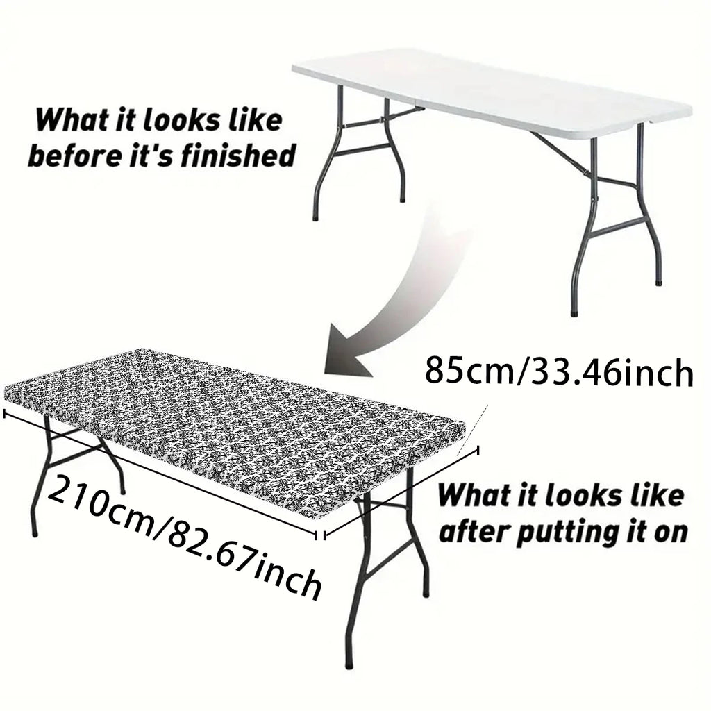 1pc Rectangular Tablecloth, Black Pattern Elastic Fit Tablecloth, Folding Table, Washable Tablecloth Graduation Party Decors