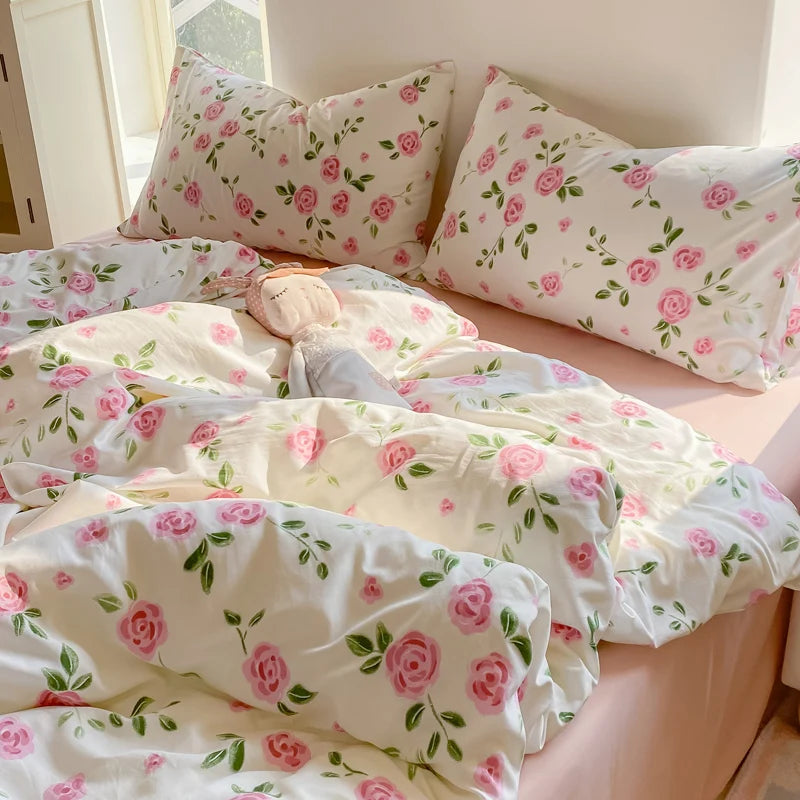3-piece plant-flower printed bed cover (1* bed cover +2* pillowcase, no filling) Soft, comfortable and breathable bedding