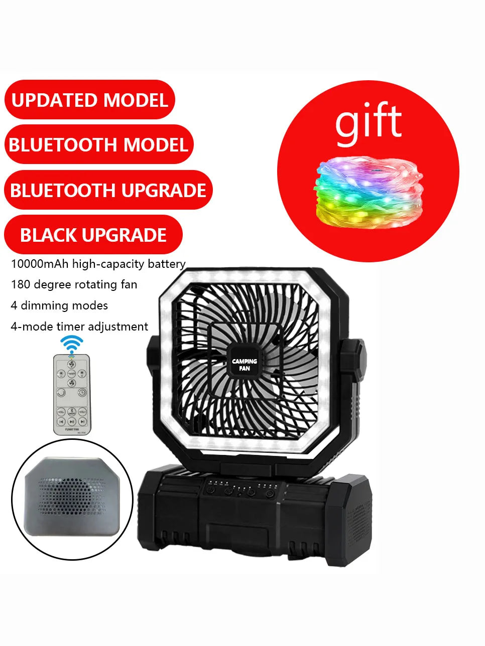 20000mAh Battery Operated Fan Portable Rechargeable Desk/Camping Fan With LED Light and Hook Outdoor Fan for Tent Car Trip